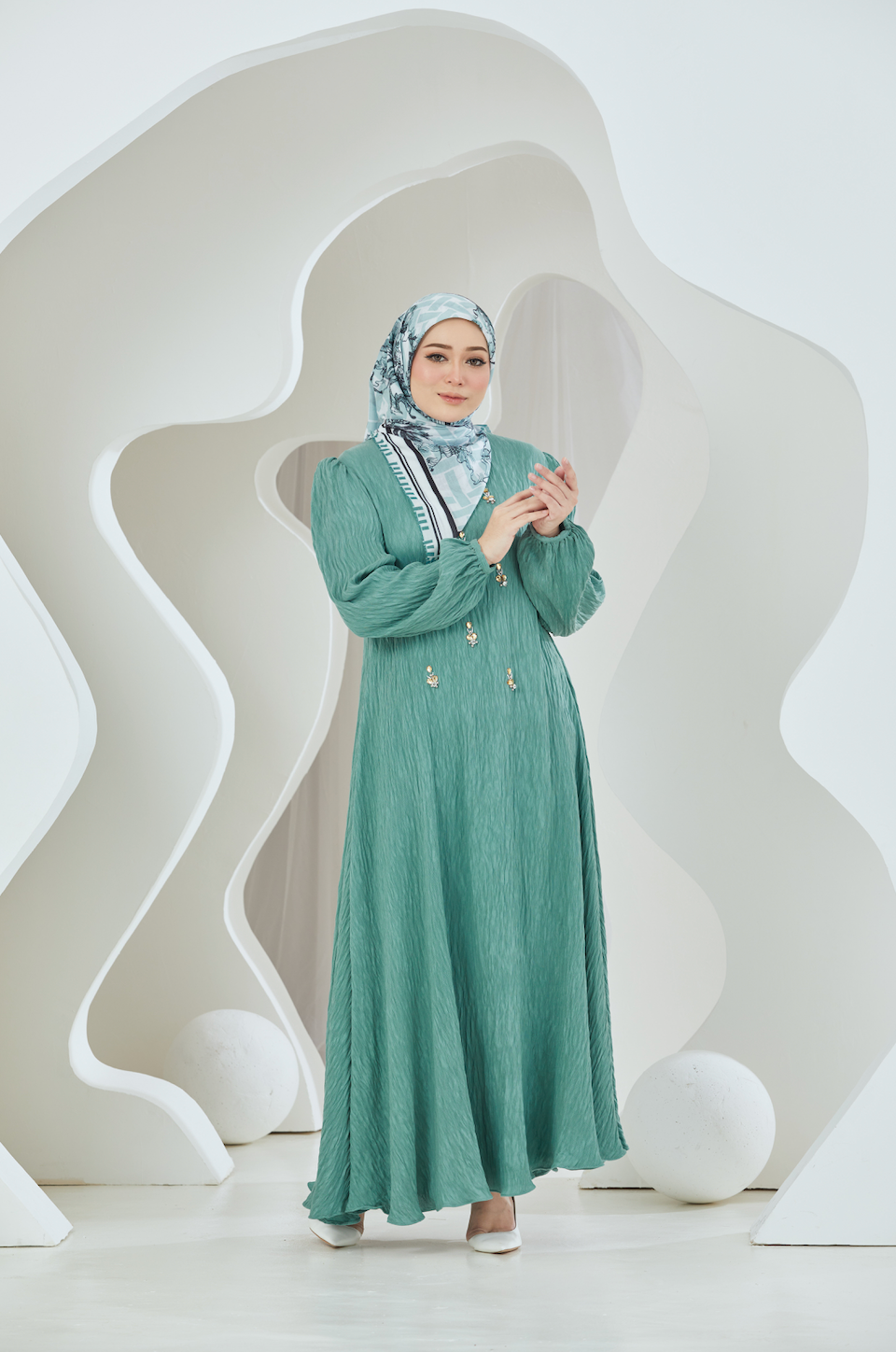 Crinkled Rayon Embellished Maxi Dress - Teal