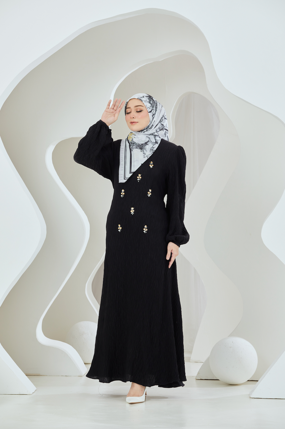 Crinkled Rayon Embellished Maxi Dress - Black