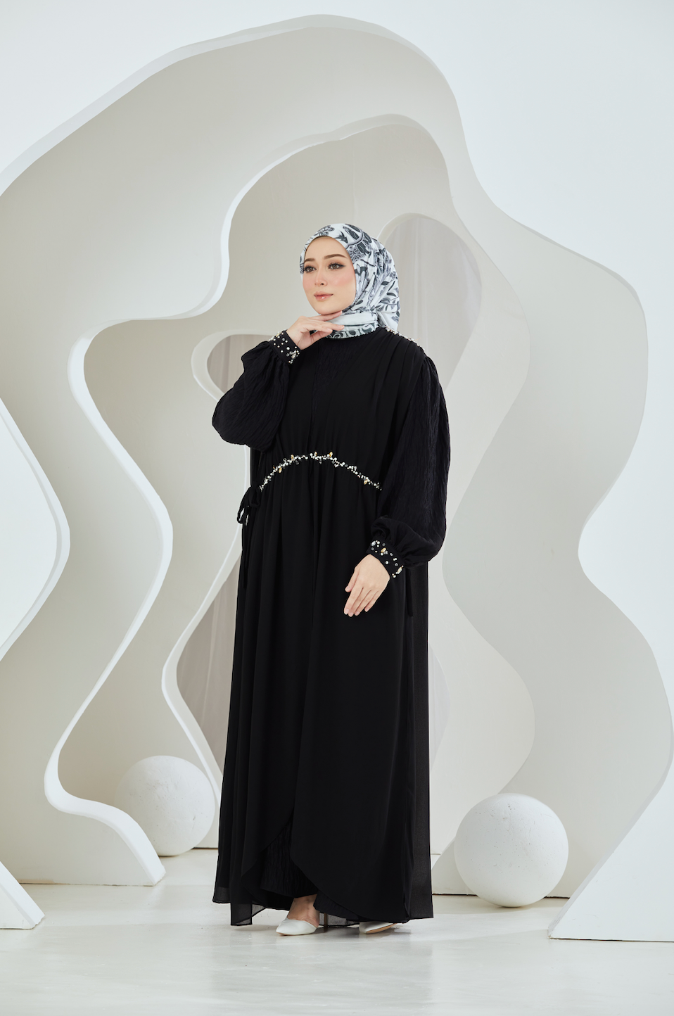 Crinkled Rayon Dress with Chiffon Maxi Overlay - Black
