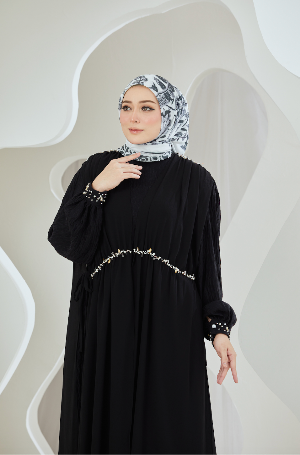 Crinkled Rayon Dress with Chiffon Maxi Overlay - Black