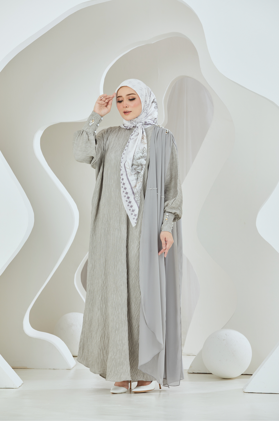 Crinkled Rayon Maxi with Chiffon Shoulder Sash - Grey
