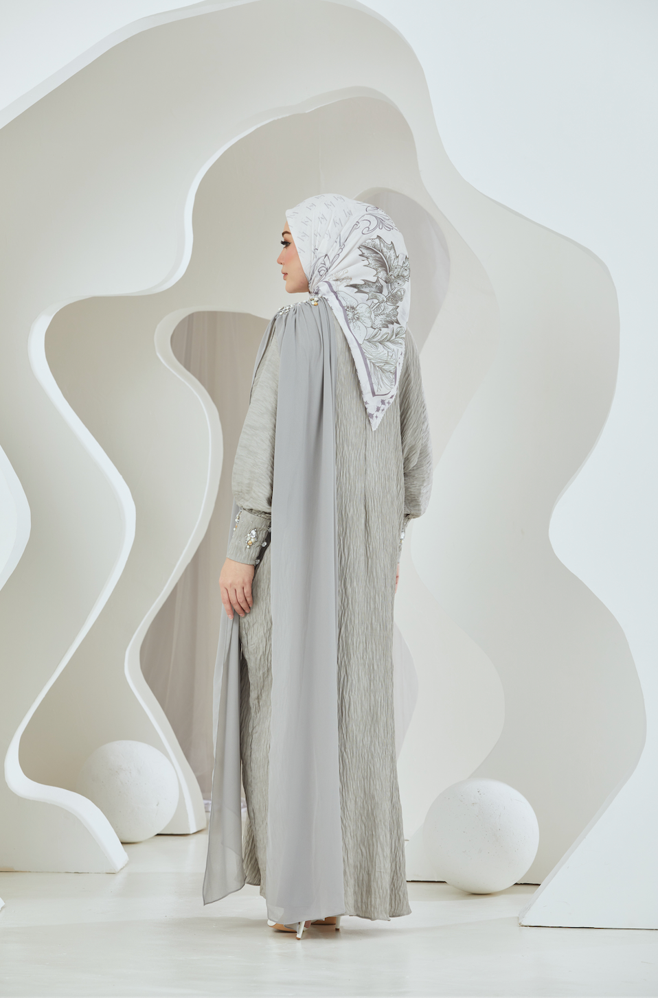 Crinkled Rayon Maxi with Chiffon Shoulder Sash - Grey