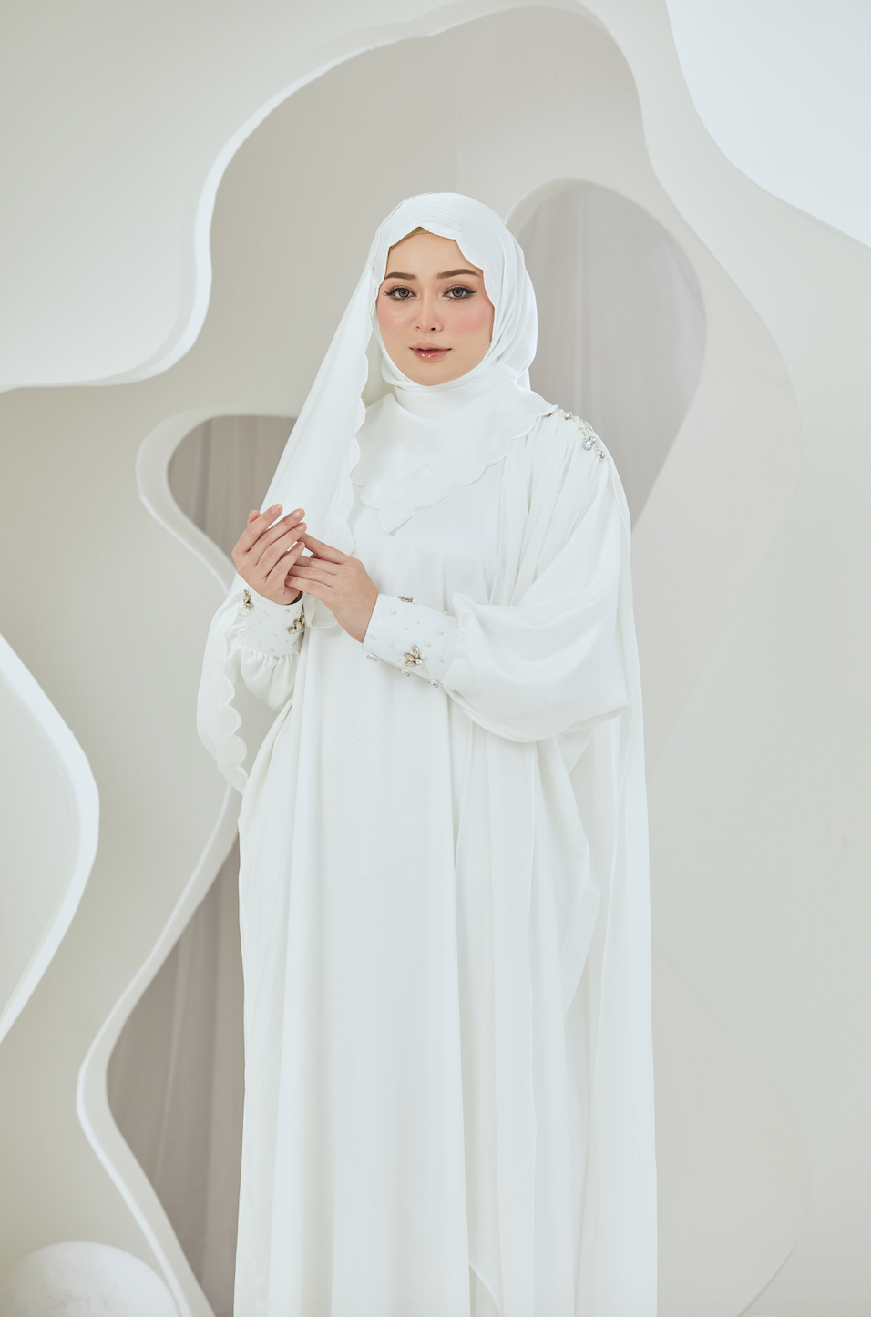 Embellished Duchess Satin Abaya - White