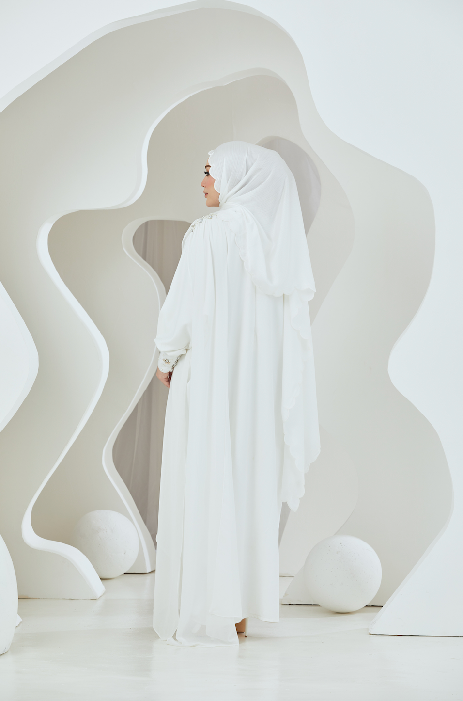 Embellished Duchess Satin Abaya - White