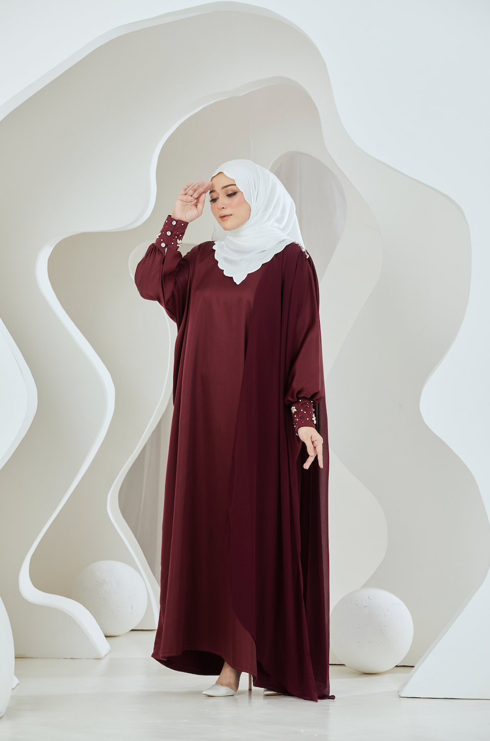 Embellished Duchess Satin Abaya - Oxblood