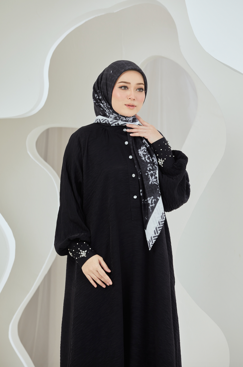 Crinkled Rayon Maxi Shirt Dress With Embellished Cuffs - Black