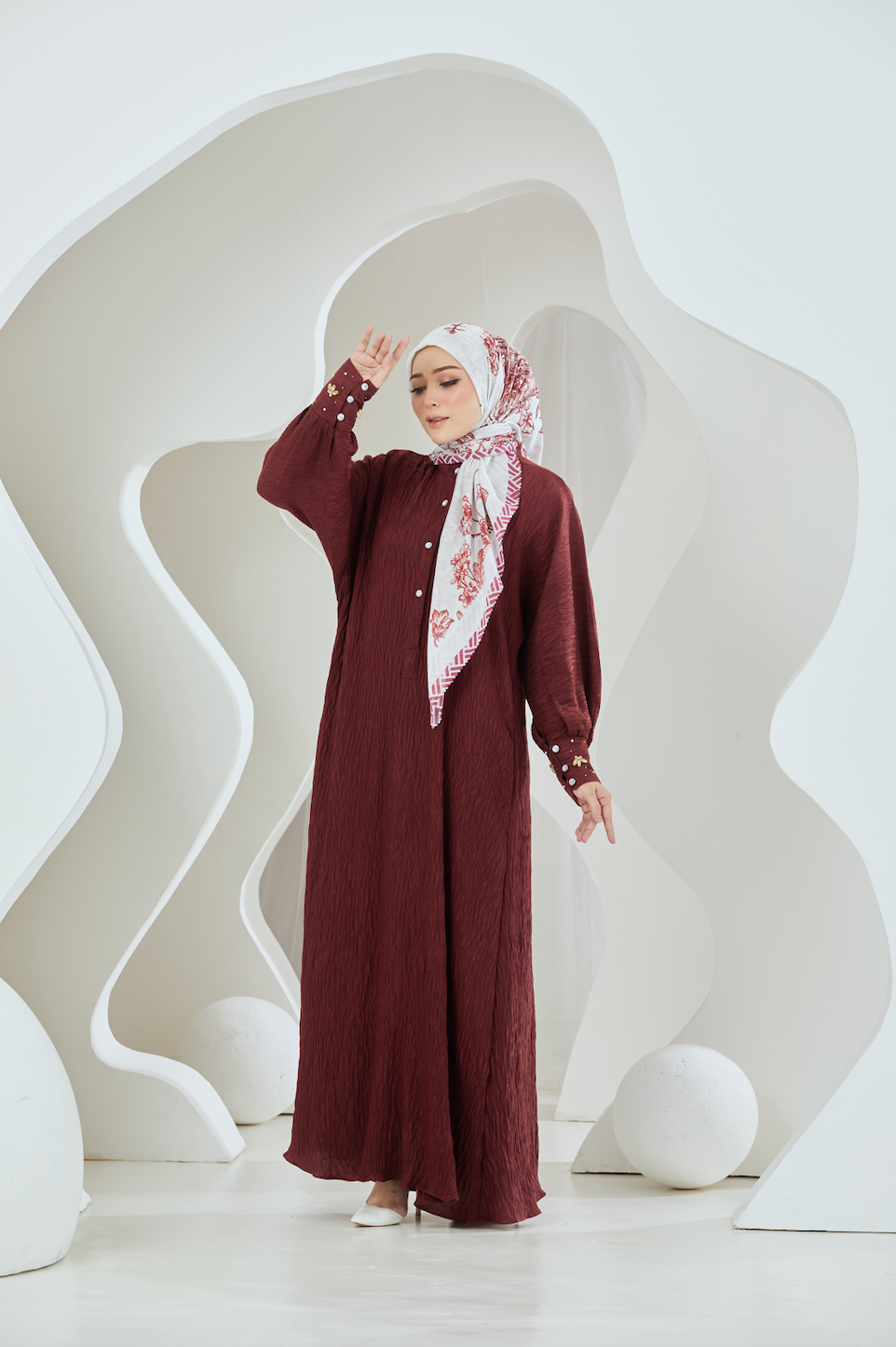 Crinkled Rayon Maxi Shirt Dress With Embellished Cuffs - Oxblood