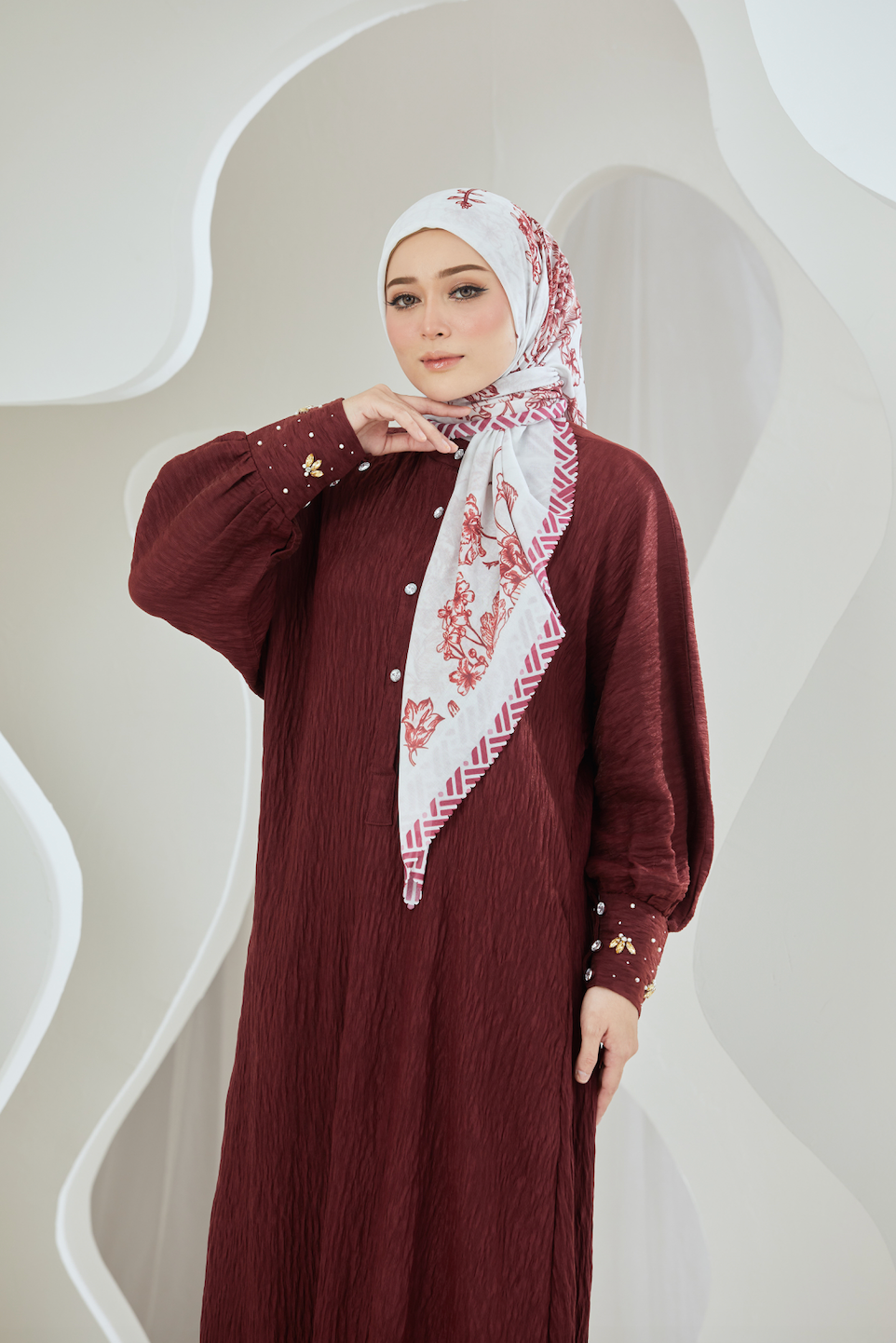 Crinkled Rayon Maxi Shirt Dress With Embellished Cuffs - Oxblood