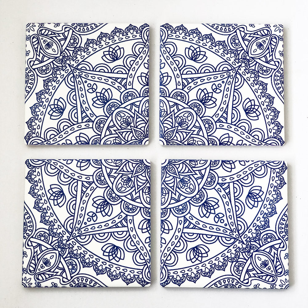 Set of 4 Blue Mandala Ceramic Coasters