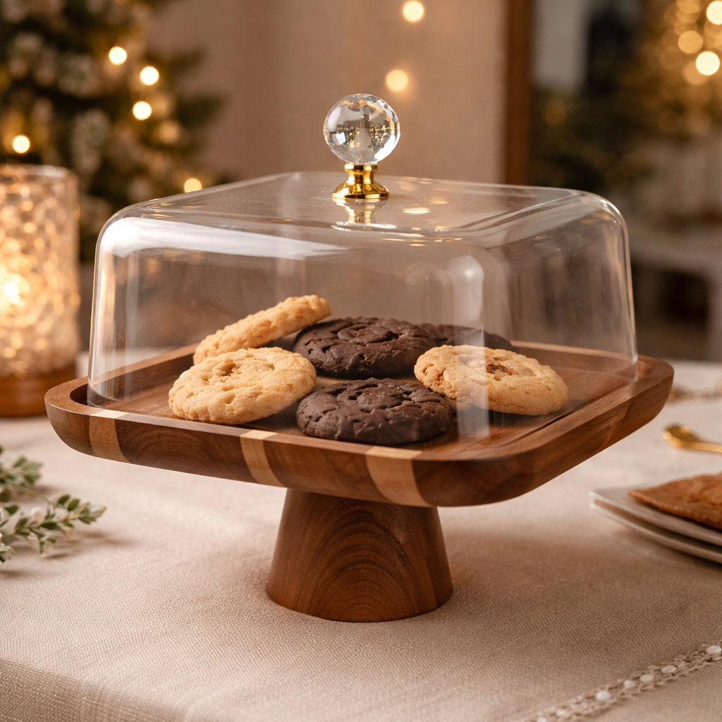 Zara Wooden Cake Stand with Acrylic Dome