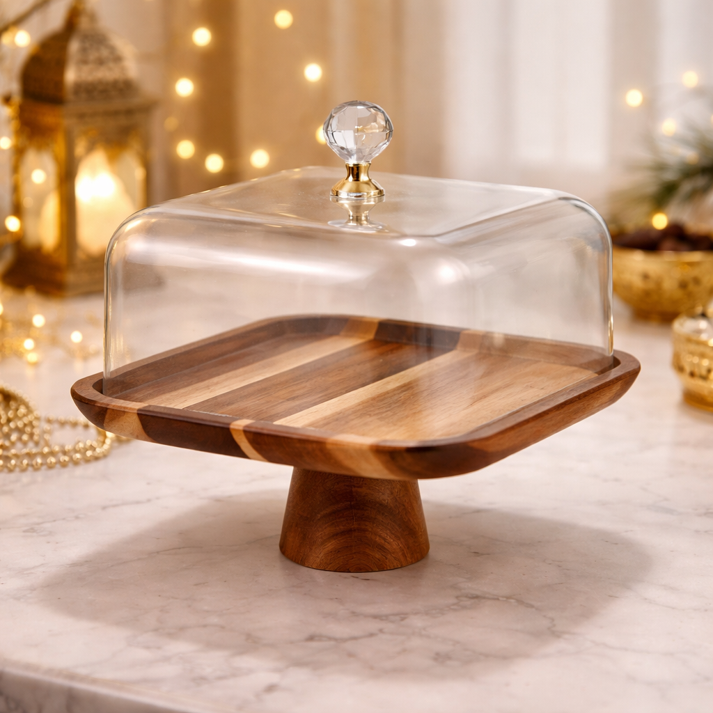 Zara Wooden Cake Stand with Acrylic Dome