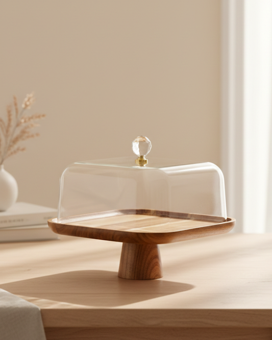 Zara Wooden Cake Stand with Acrylic Dome
