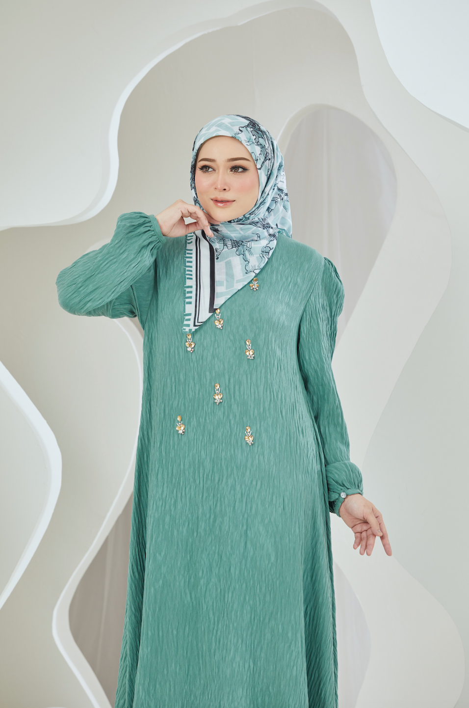 Crinkled Rayon Embellished Maxi Dress - Teal