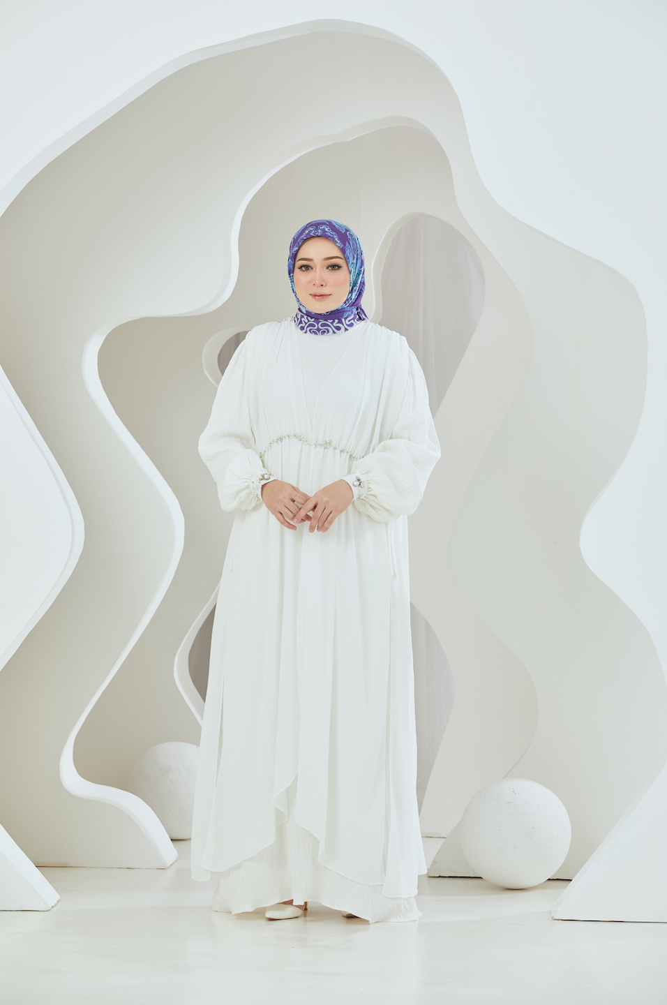 Crinkled Rayon Dress with Chiffon Maxi Overlay - White
