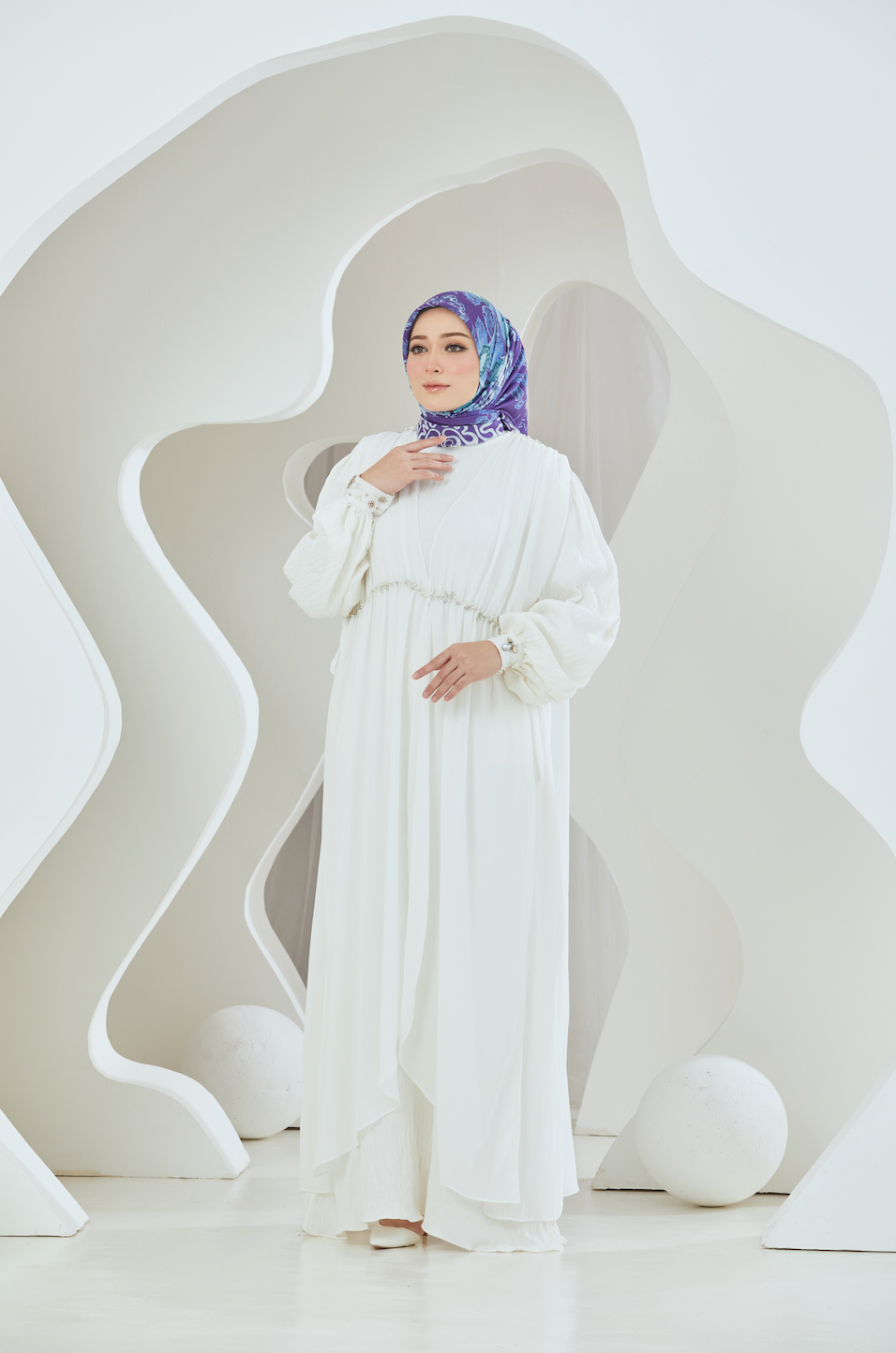 Crinkled Rayon Dress with Chiffon Maxi Overlay - White