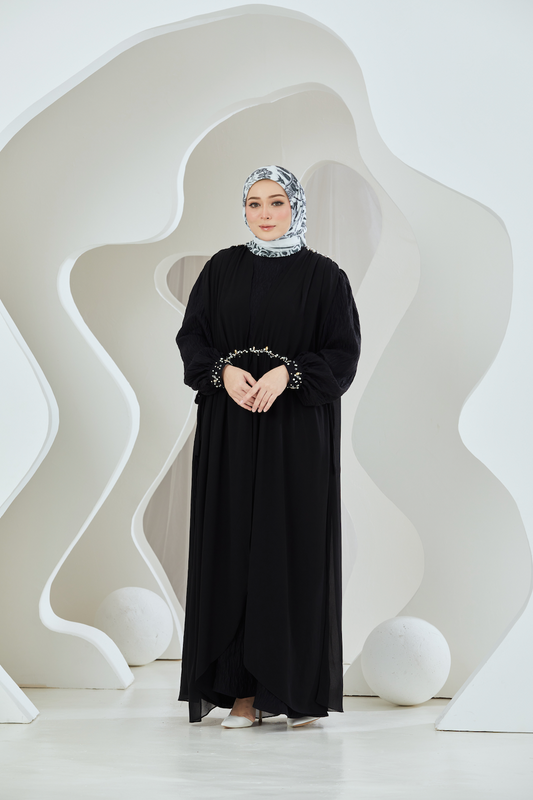 Crinkled Rayon Dress with Chiffon Maxi Overlay - Black