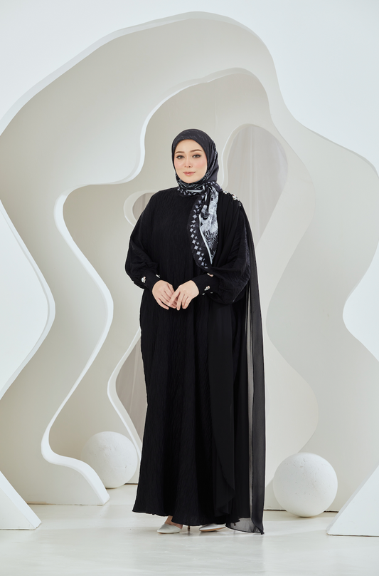 Crinkled Rayon Maxi with Chiffon Shoulder Sash - Black