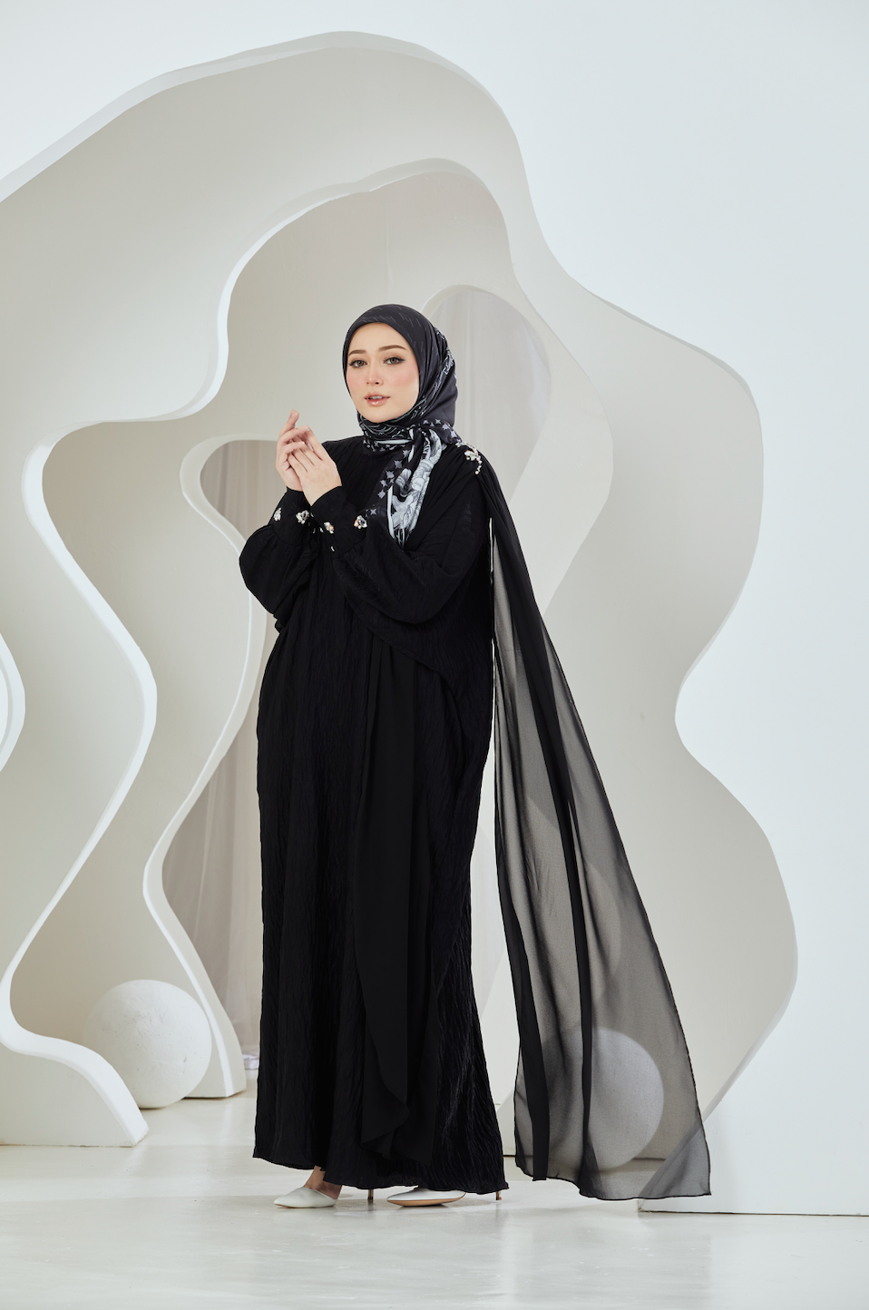 Crinkled Rayon Maxi with Chiffon Shoulder Sash - Black