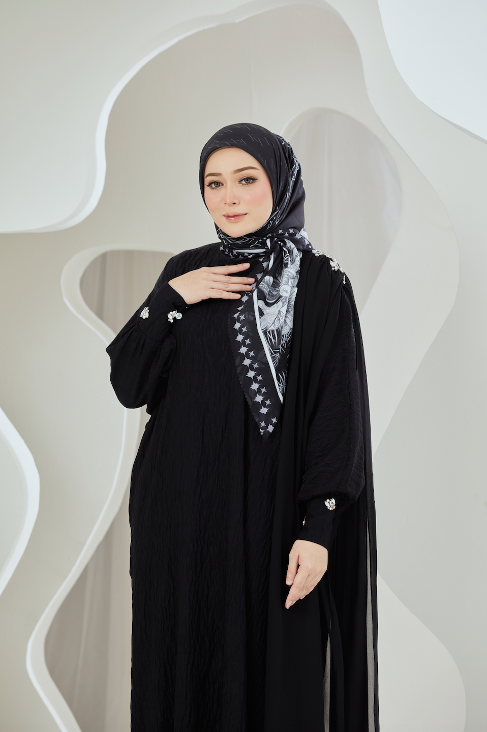 Crinkled Rayon Maxi with Chiffon Shoulder Sash - Black