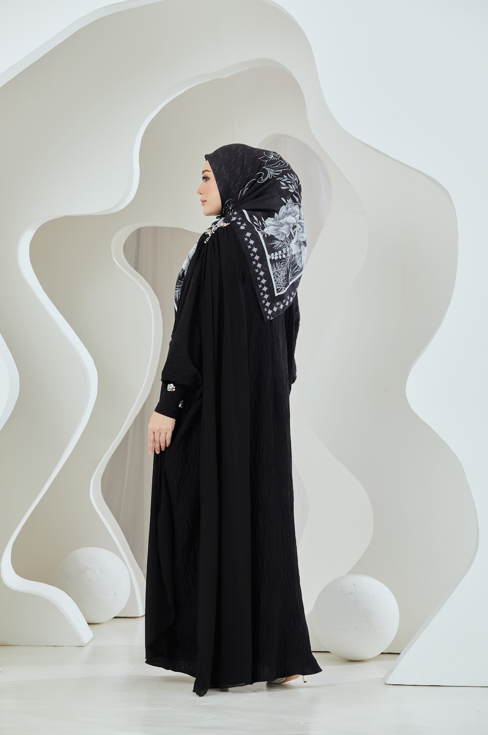 Crinkled Rayon Maxi with Chiffon Shoulder Sash - Black