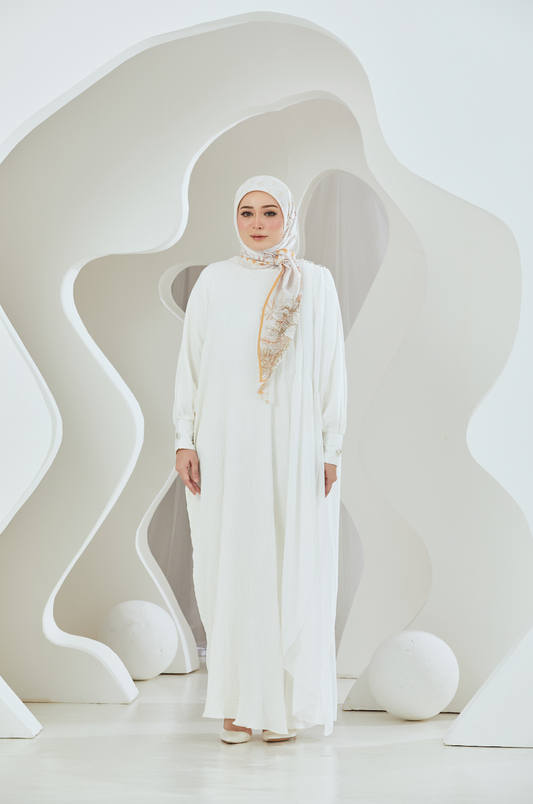 Crinkled Rayon Maxi with Chiffon Shoulder Sash - White