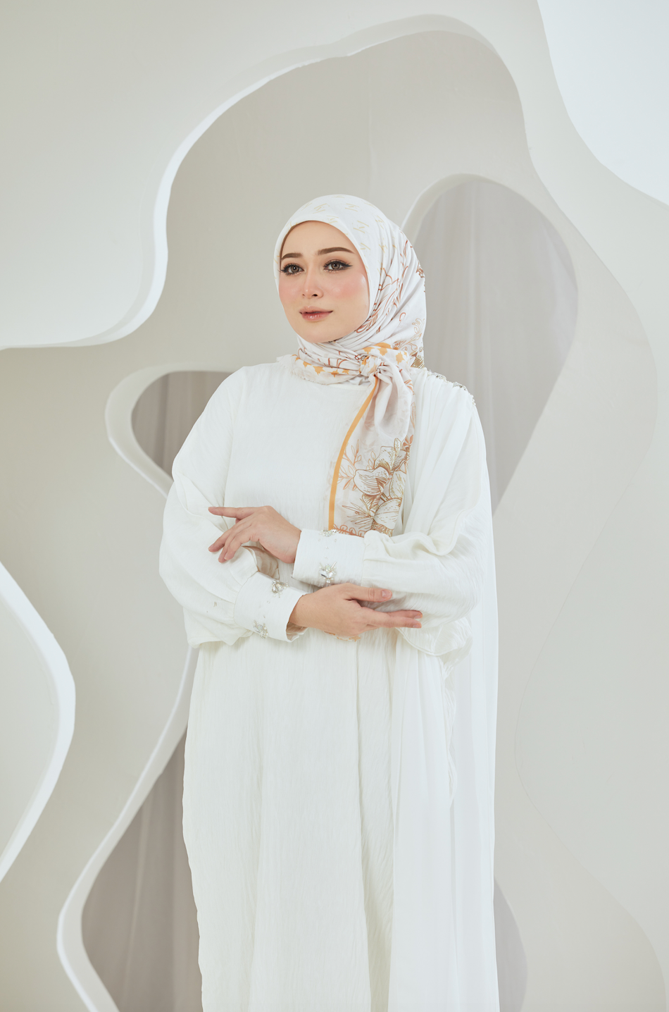 Crinkled Rayon Maxi with Chiffon Shoulder Sash - White