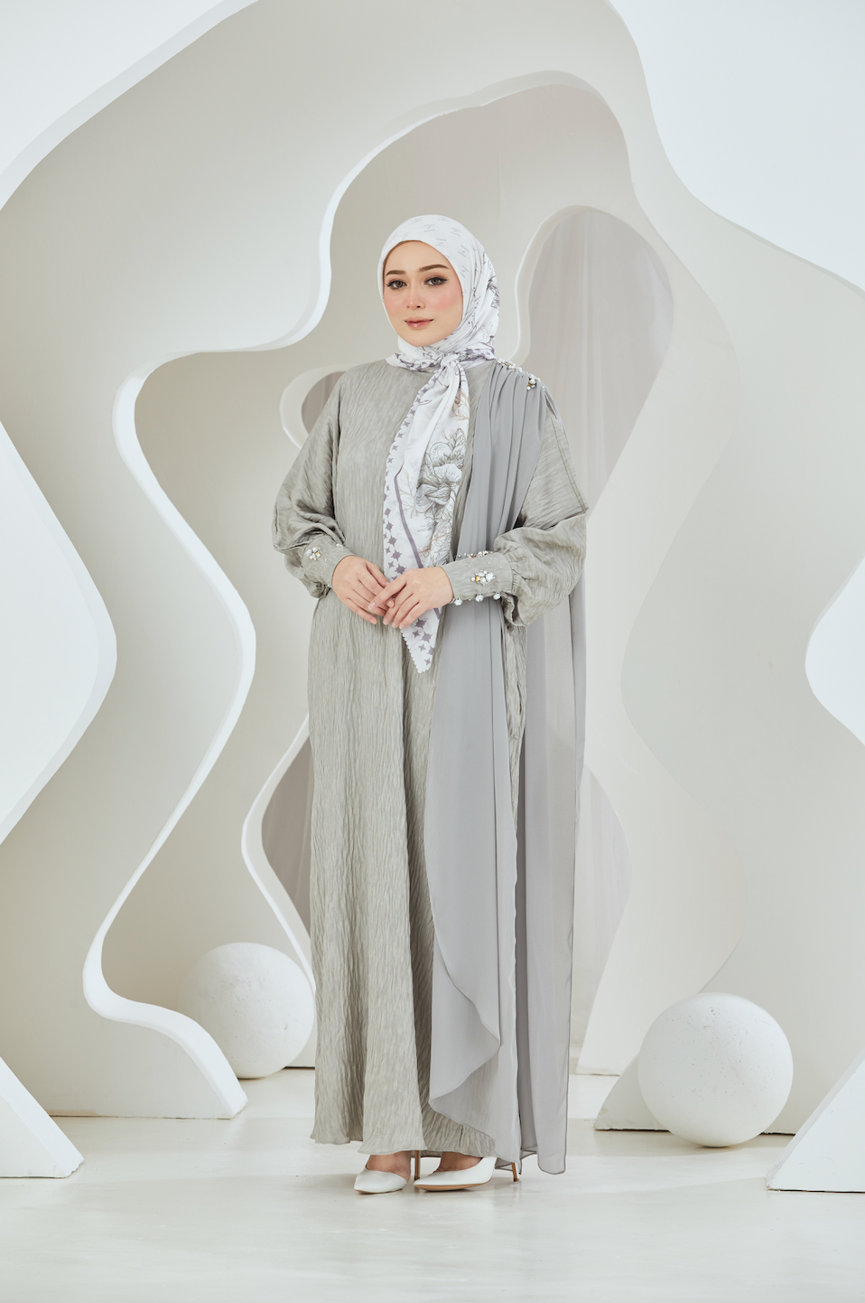 Crinkled Rayon Maxi with Chiffon Shoulder Sash - Grey