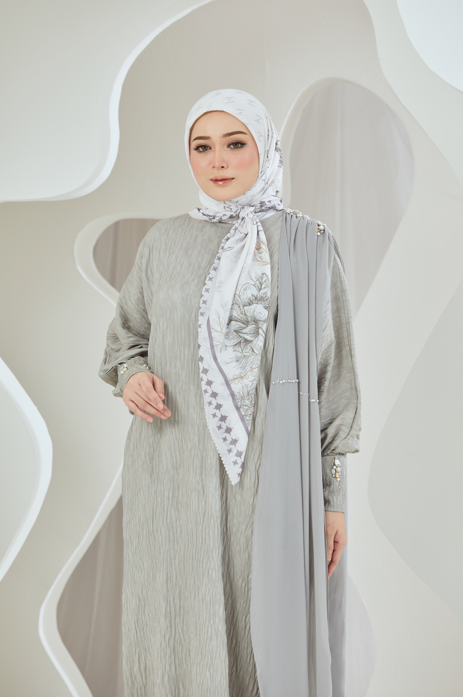 Crinkled Rayon Maxi with Chiffon Shoulder Sash - Grey