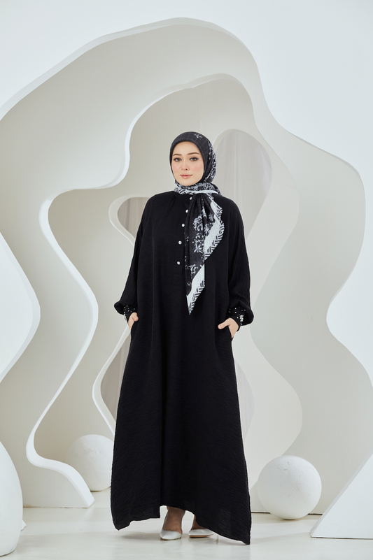 Crinkled Rayon Maxi Shirt Dress With Embellished Cuffs - Black