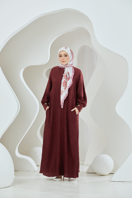 Crinkled Rayon Maxi Shirt Dress With Embellished Cuffs - Oxblood